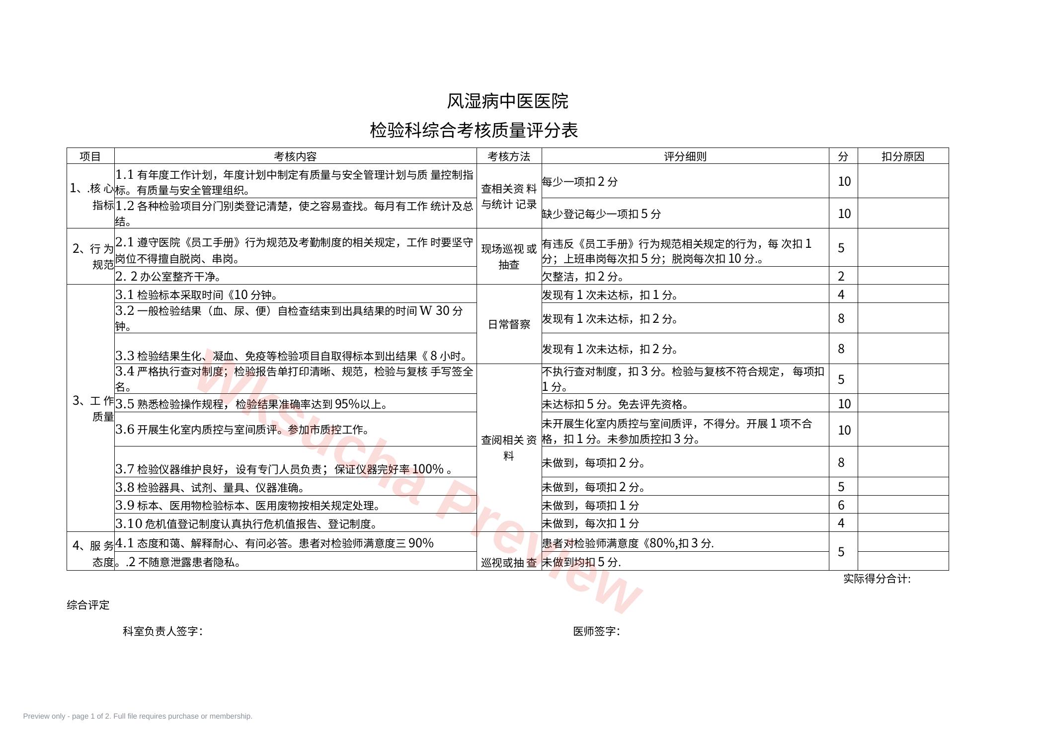 检验科综合考核 质量评分表