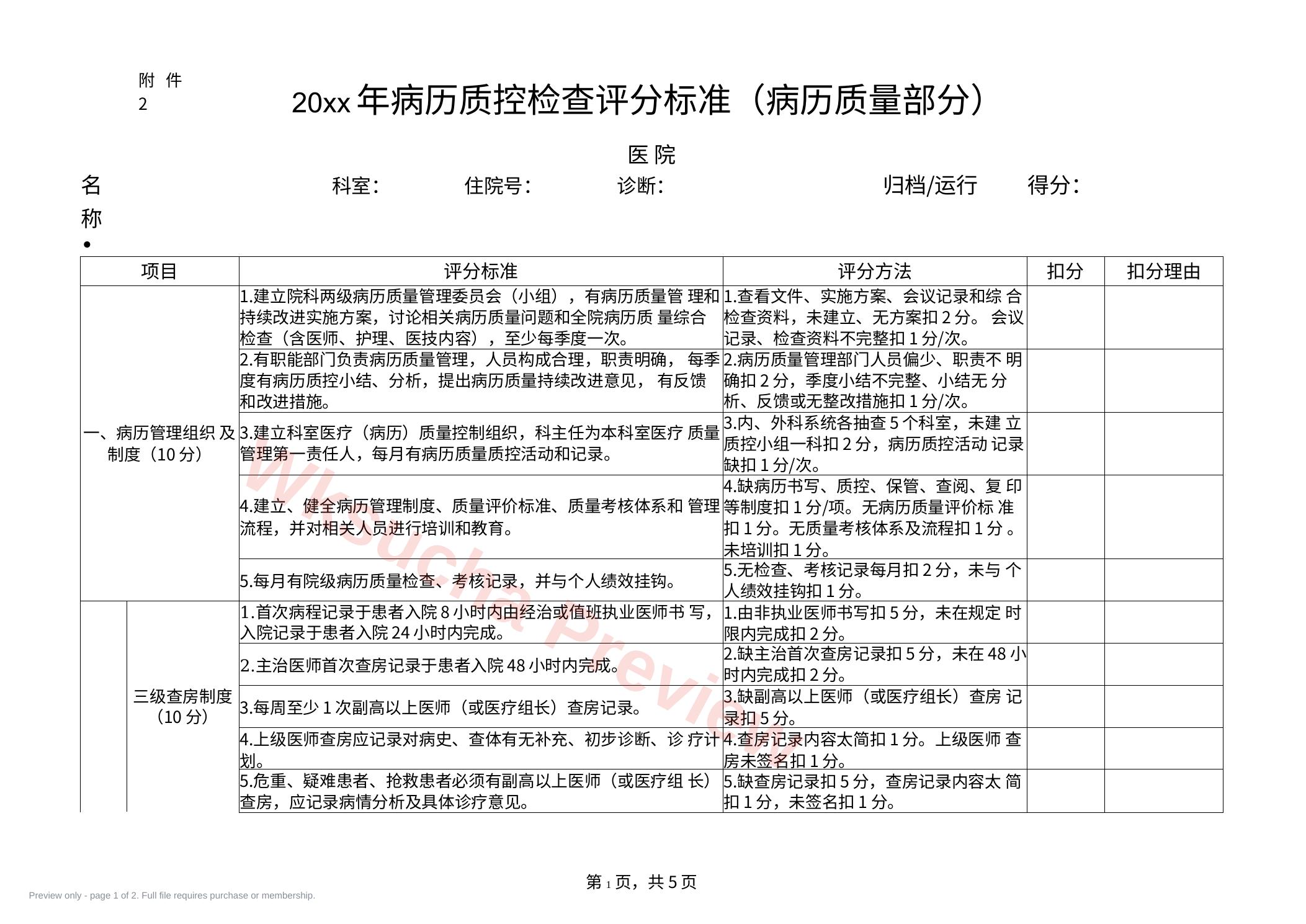 20xx年病历质控检查 评分标准(病历质量部分)