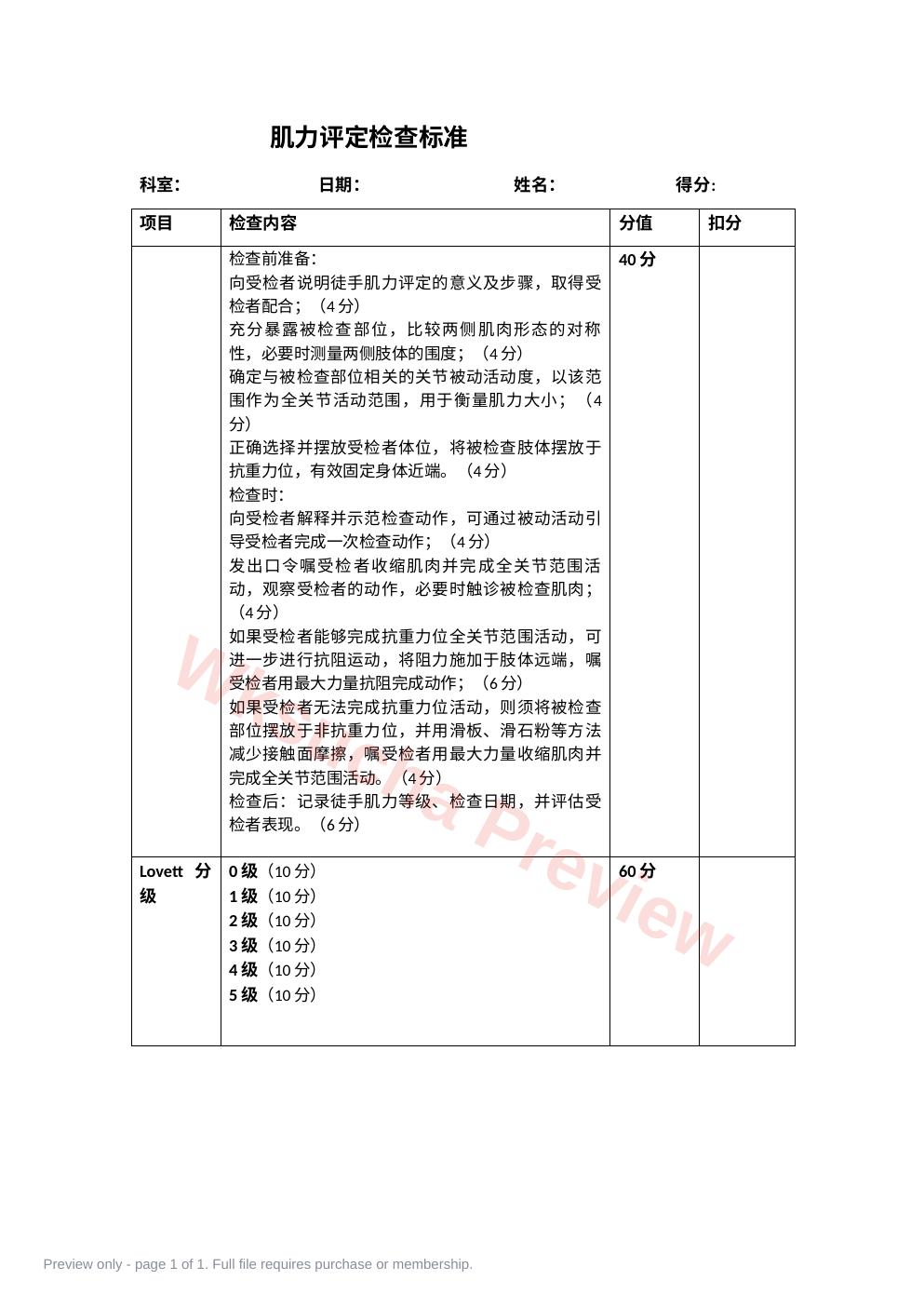 肌力评定检查表