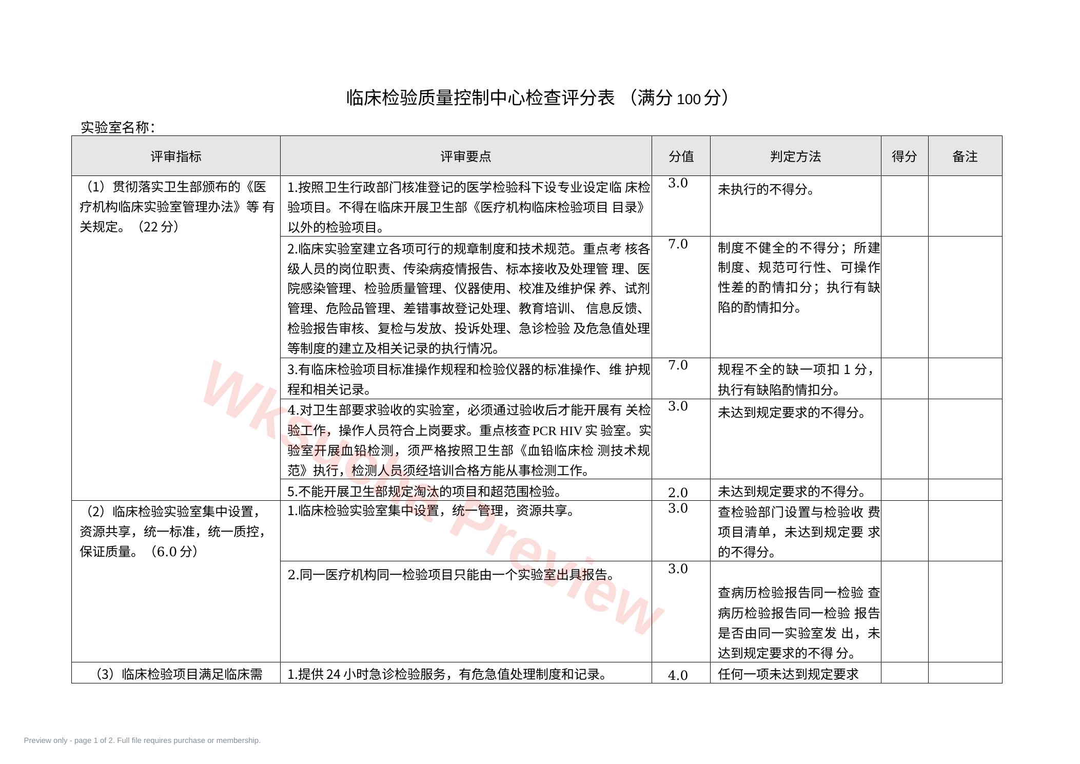 临床检验质量控制中心 检查评分表