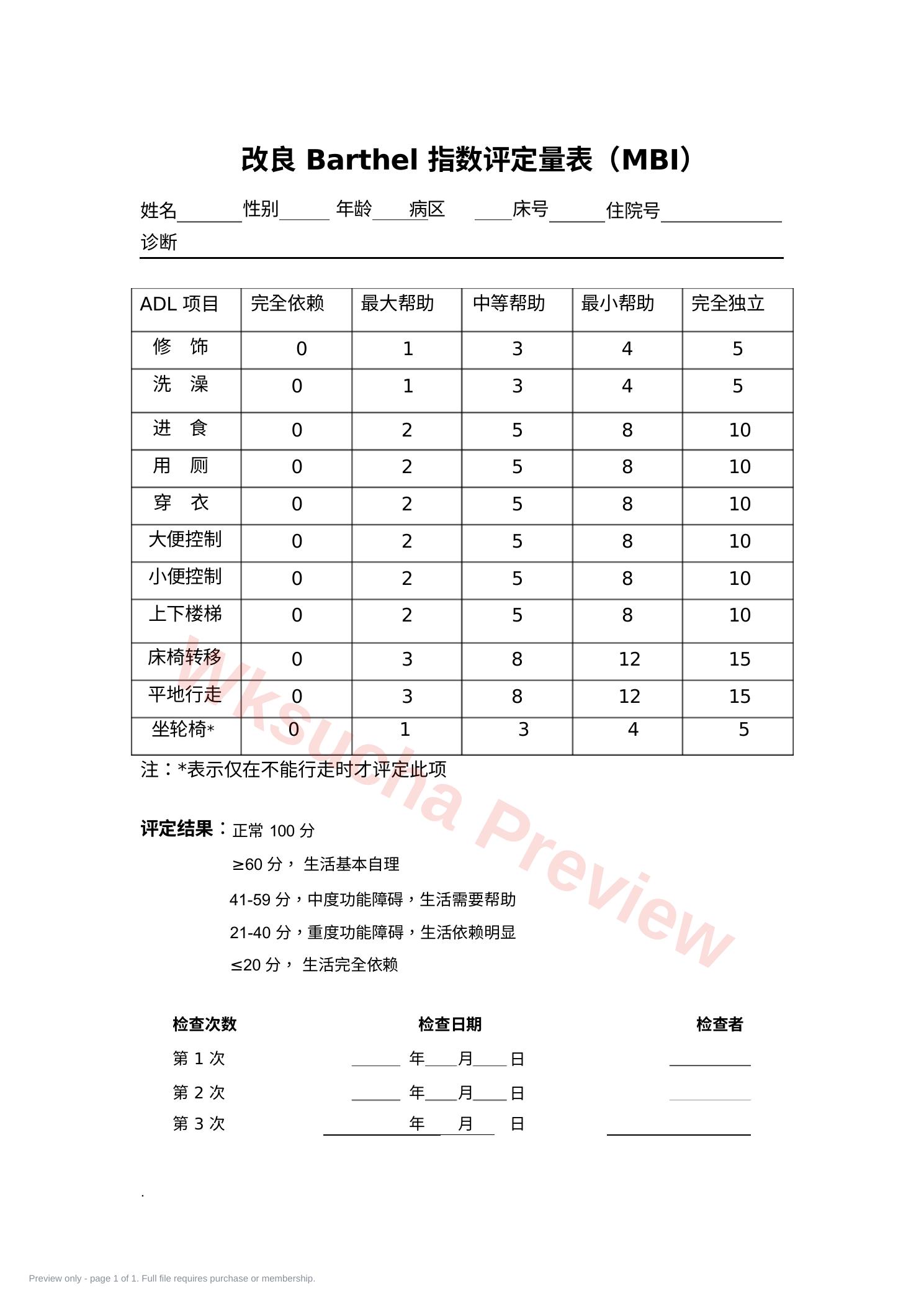 改良Barthel 指数评定量表(MBI)