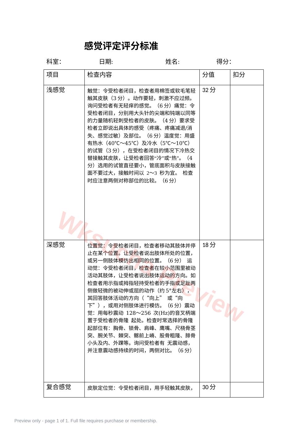 感觉评定检查表