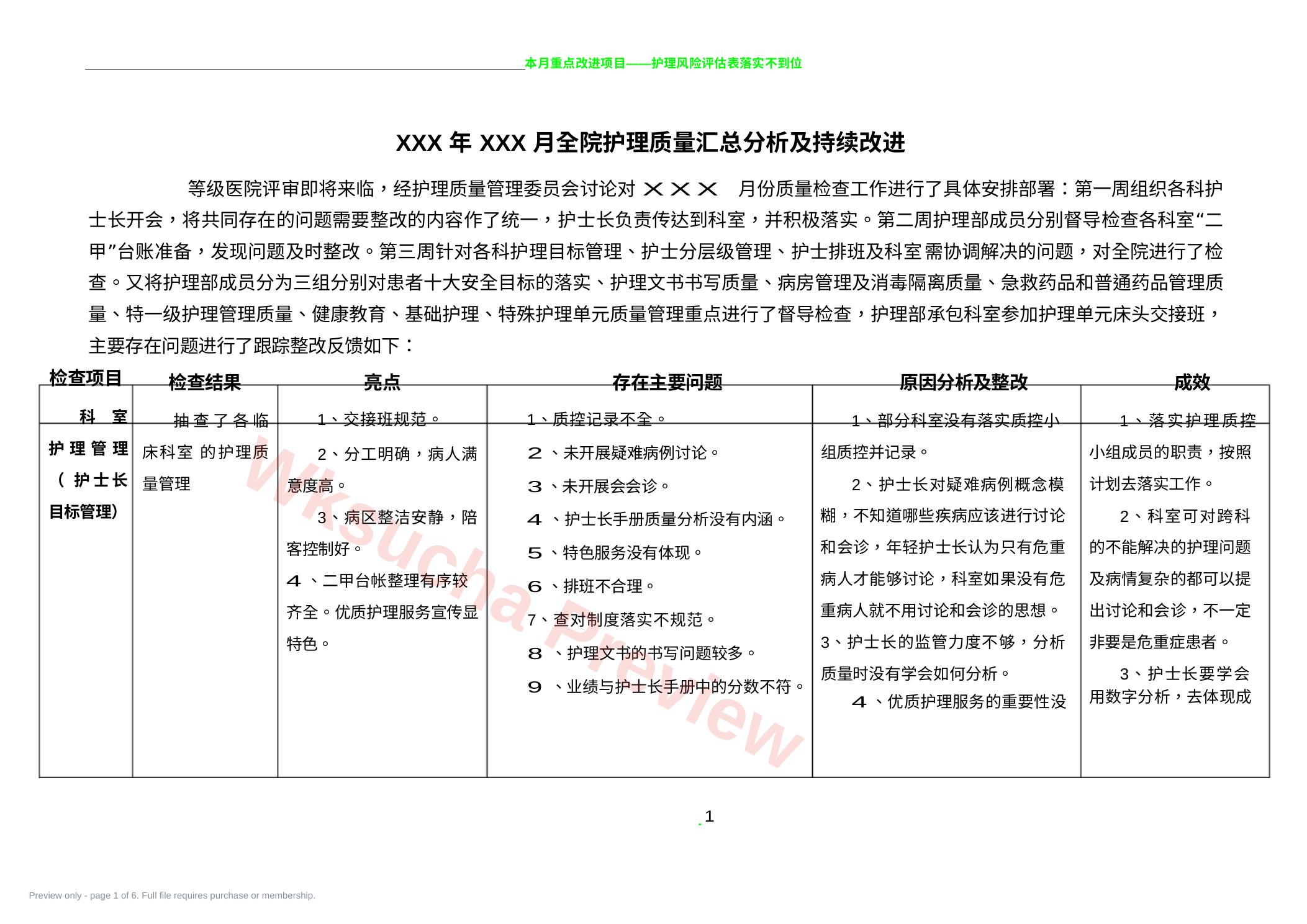 护理质量持续改进表3