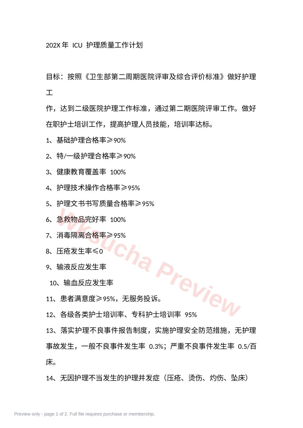 202X年 ICU 护理质量工作计划